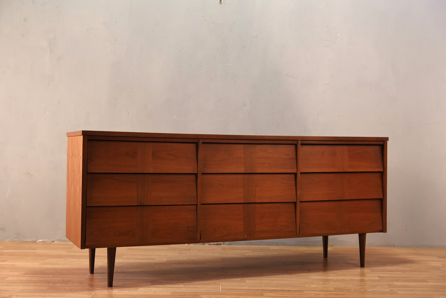 Mid Century Walnut Louvered 9-Drawer Dresser - ONLINE ONLY