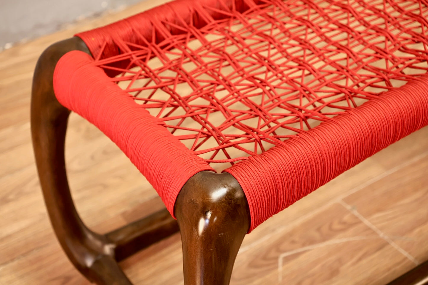 Contemporary Red Cord & Wood Bench