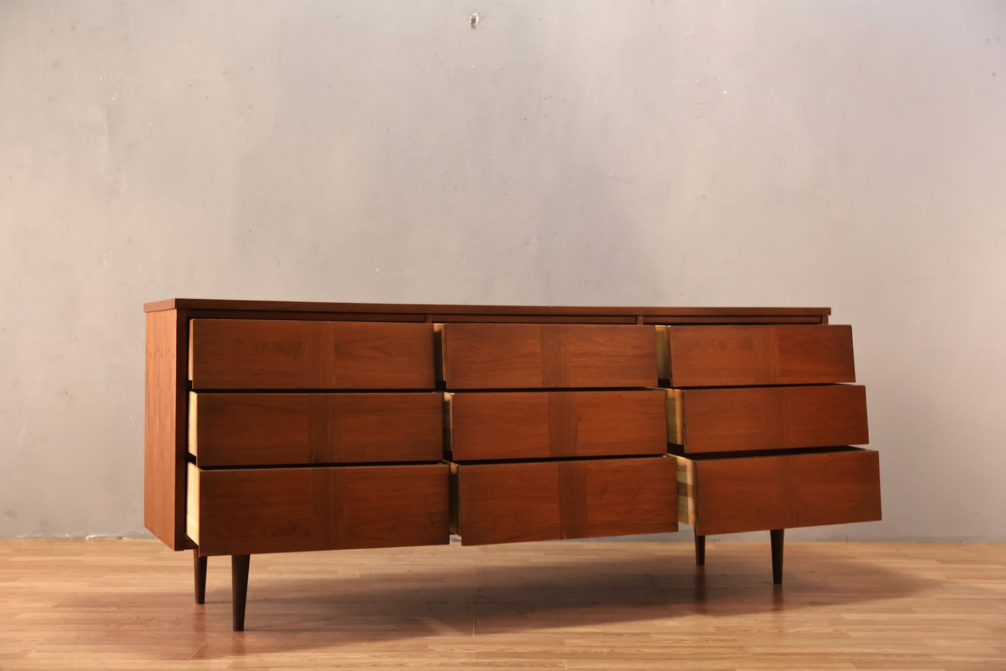Mid Century Walnut Louvered 9-Drawer Dresser - ONLINE ONLY