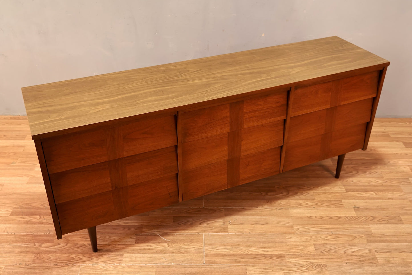Mid Century Walnut Louvered 9-Drawer Dresser - ONLINE ONLY