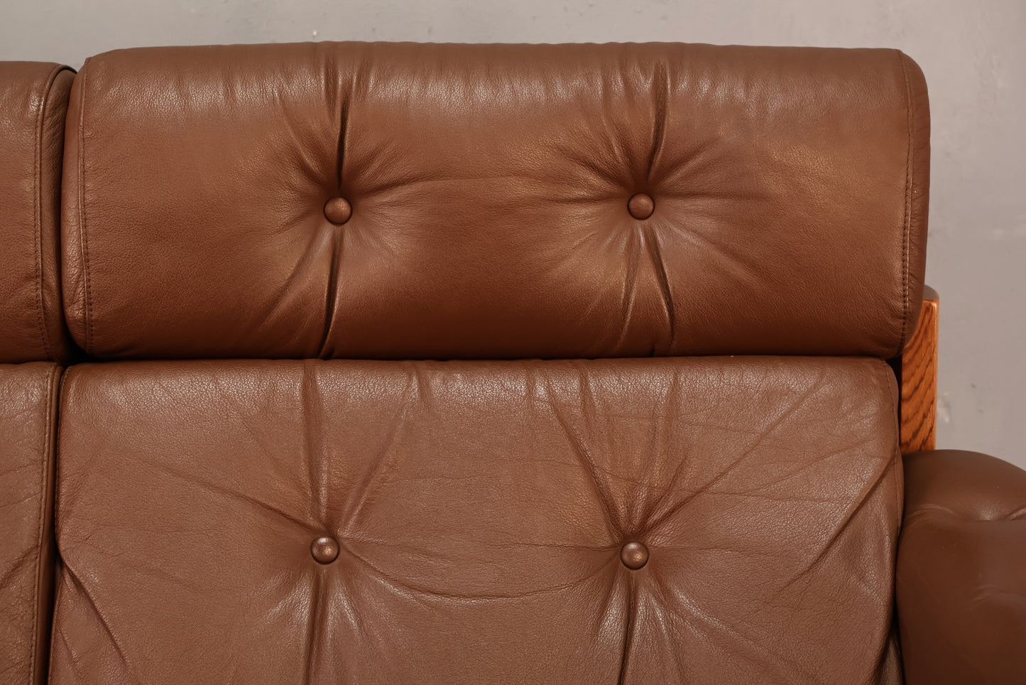 Ekornes Brown Leather & Teak Loveseat - ONLINE ONLY