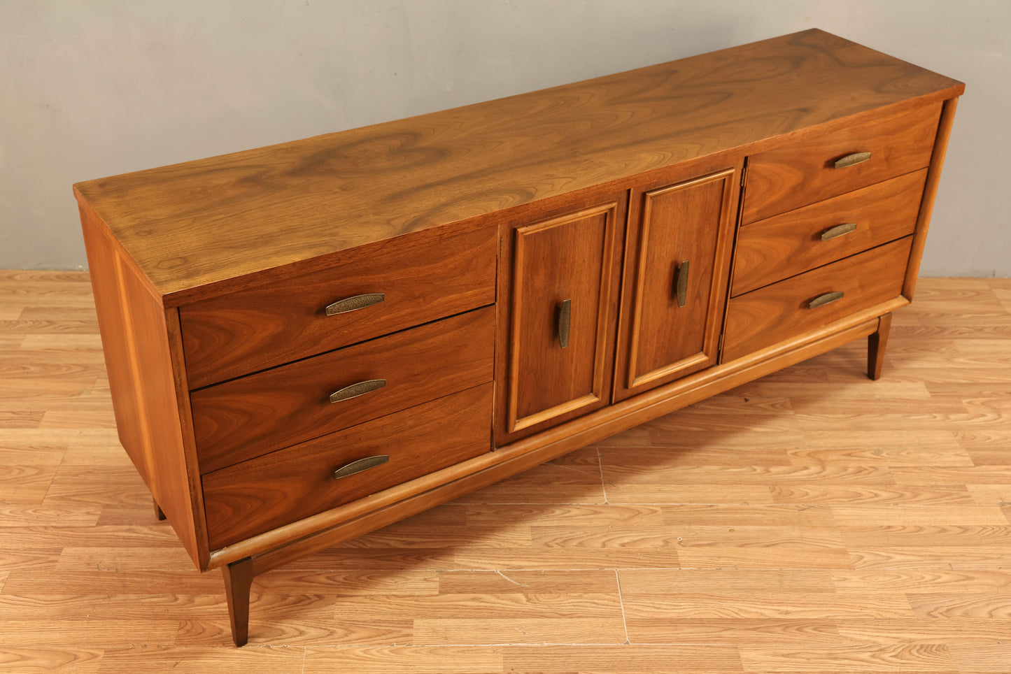 Mid Century Walnut 9-Drawer Credenza
