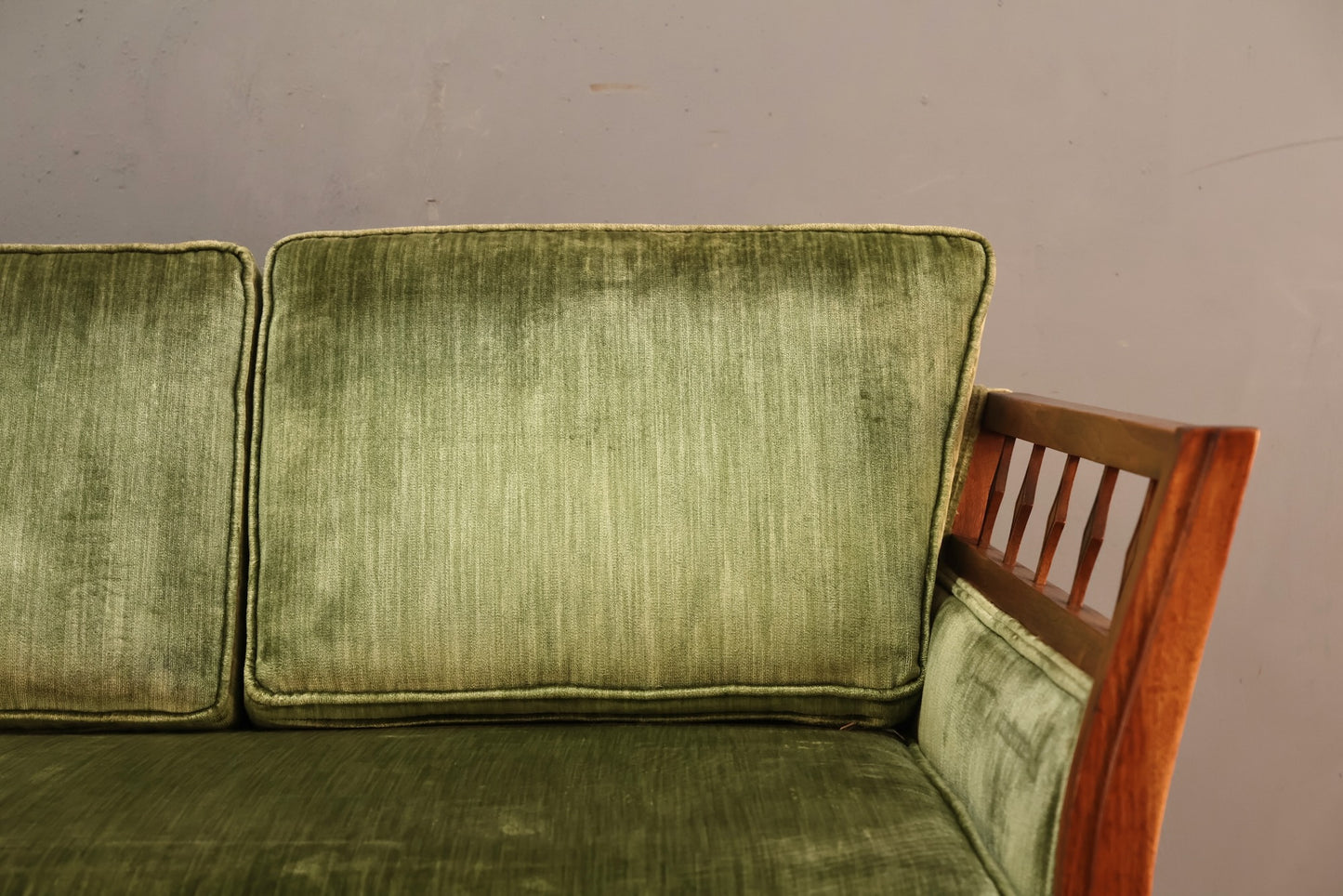 Mid Century Green Velveteen Sofa - ONLINE ONLY
