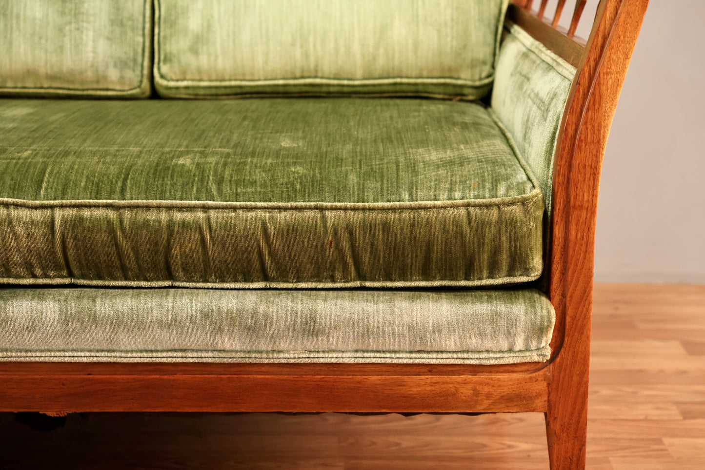 Mid Century Green Velveteen Sofa - ONLINE ONLY