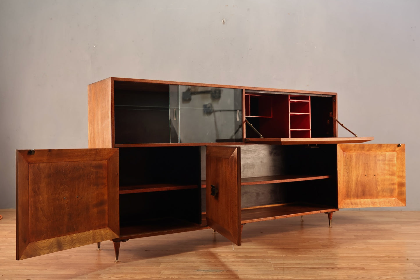 Large Mid Century Drop-Front Bar Cabinet