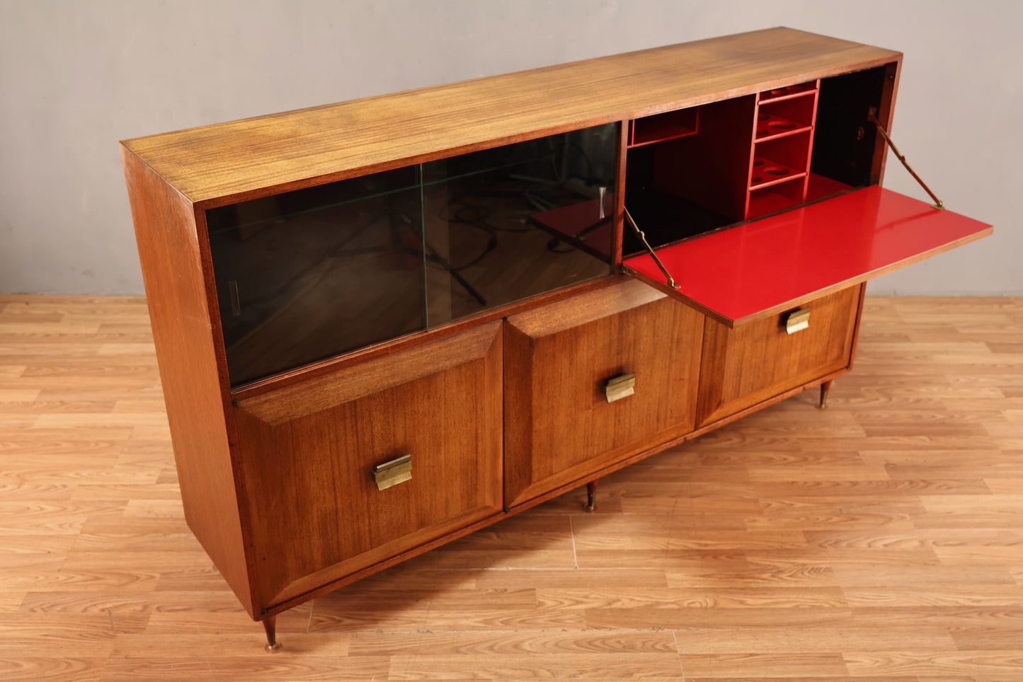 Large Mid Century Drop-Front Bar Cabinet