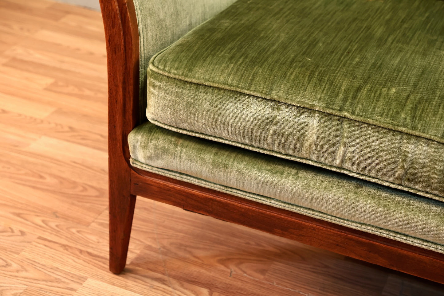 Mid Century Green Velveteen Sofa - ONLINE ONLY
