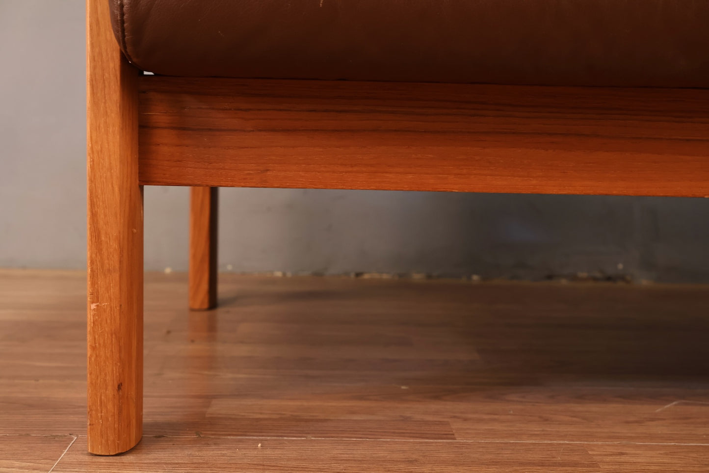 Ekornes Brown Leather & Teak Loveseat - ONLINE ONLY