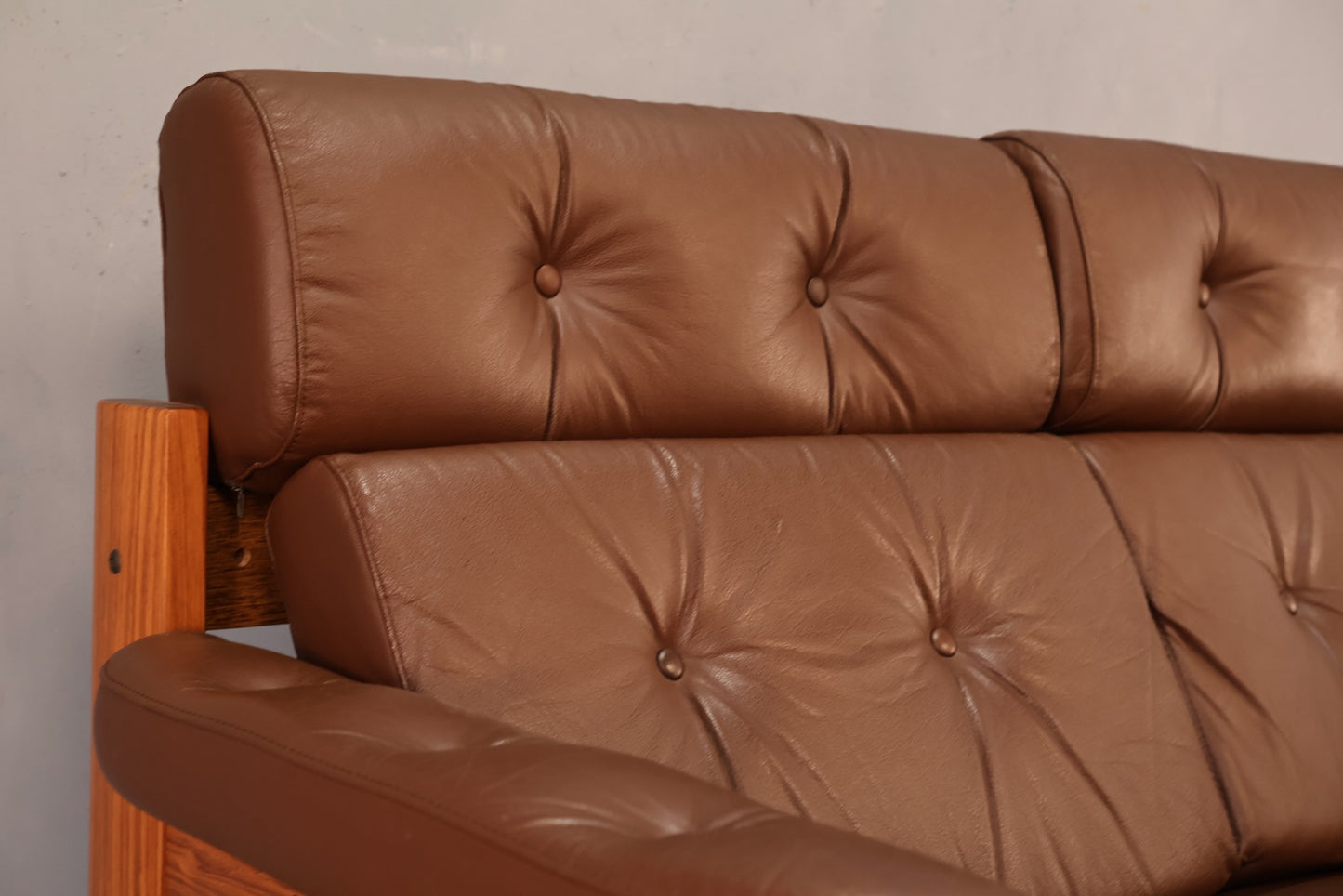 Ekornes Brown Leather & Teak Loveseat - ONLINE ONLY