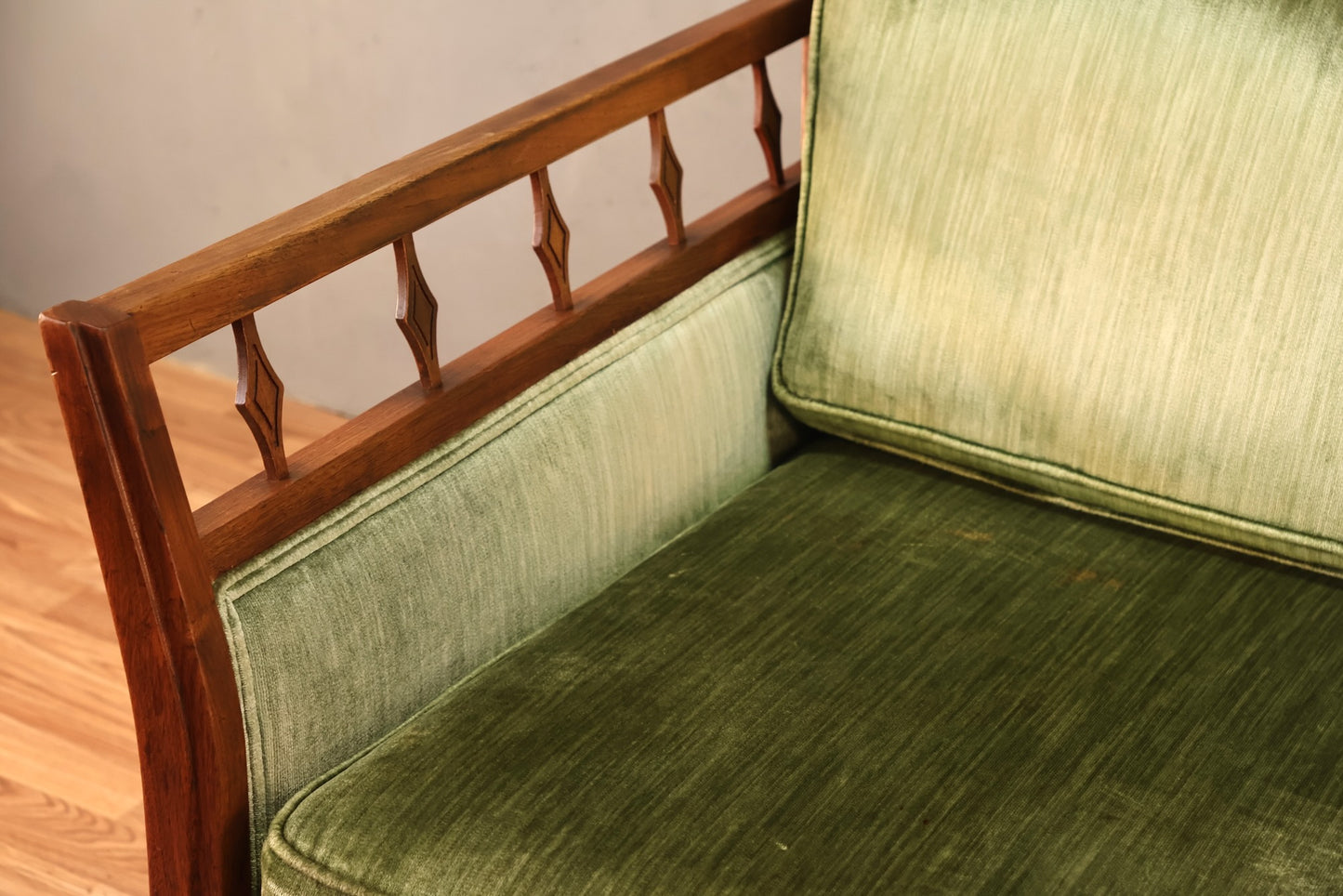 Mid Century Green Velveteen Sofa - ONLINE ONLY