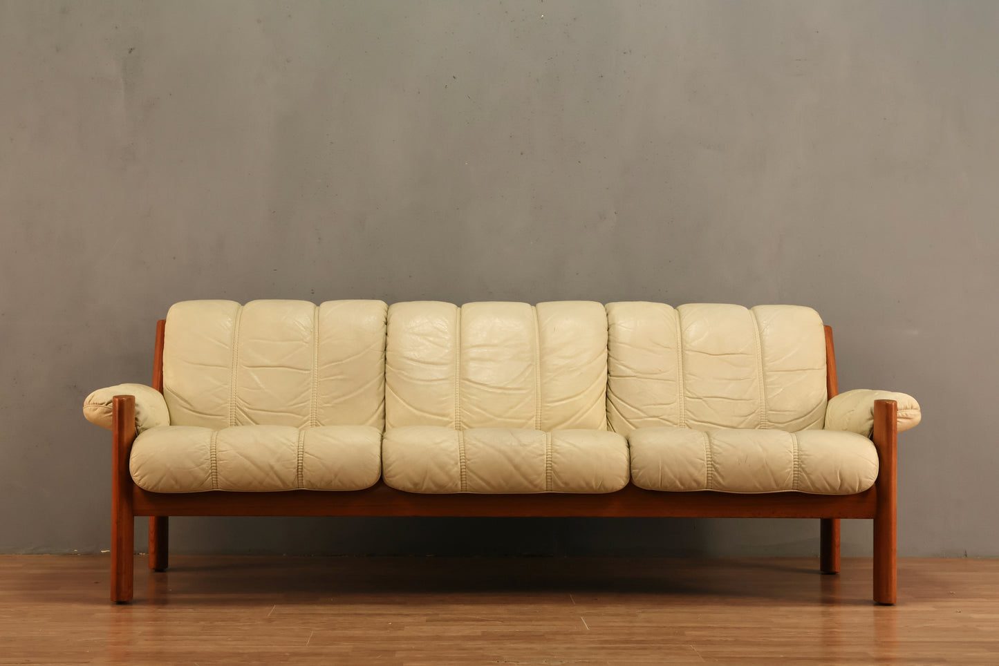 1970s Ekornes "Montana" Ecru Leather & Teak Sofa