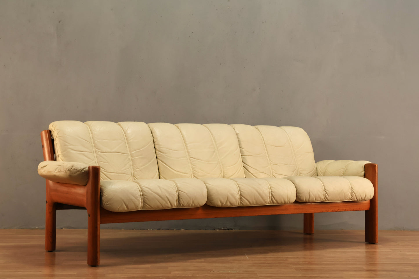 1970s Ekornes "Montana" Ecru Leather & Teak Sofa