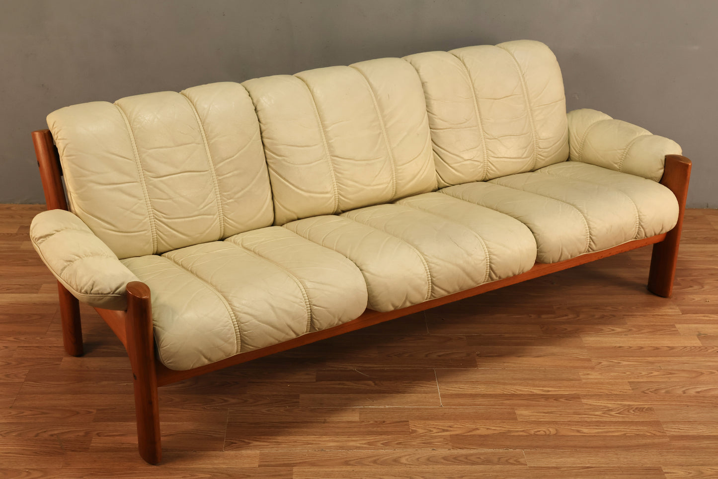 1970s Ekornes "Montana" Ecru Leather & Teak Sofa