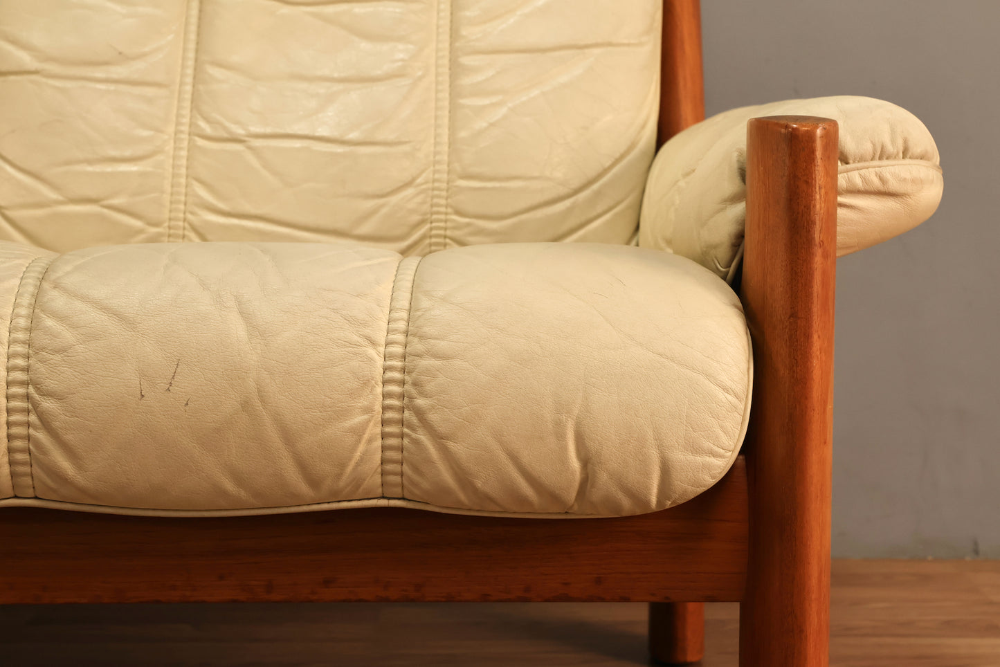 1970s Ekornes "Montana" Ecru Leather & Teak Sofa