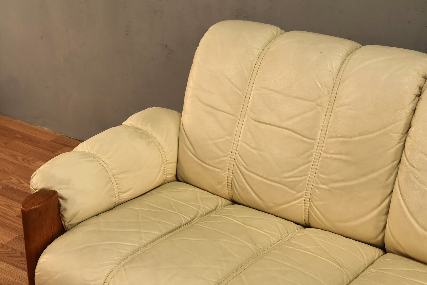 1970s Ekornes "Montana" Ecru Leather & Teak Sofa