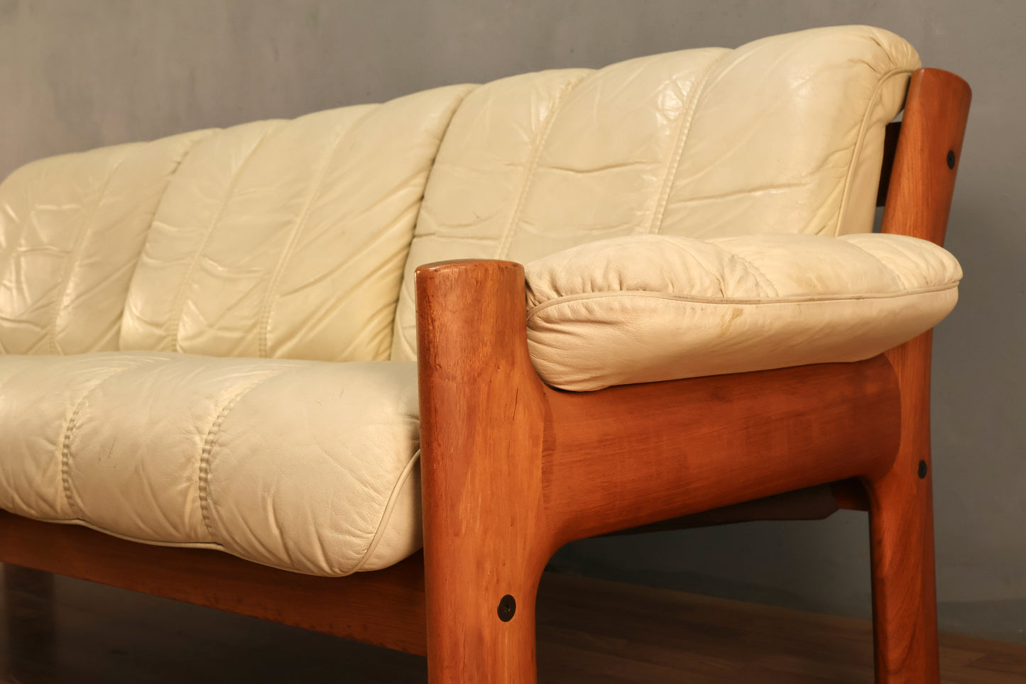 1970s Ekornes "Montana" Ecru Leather & Teak Sofa