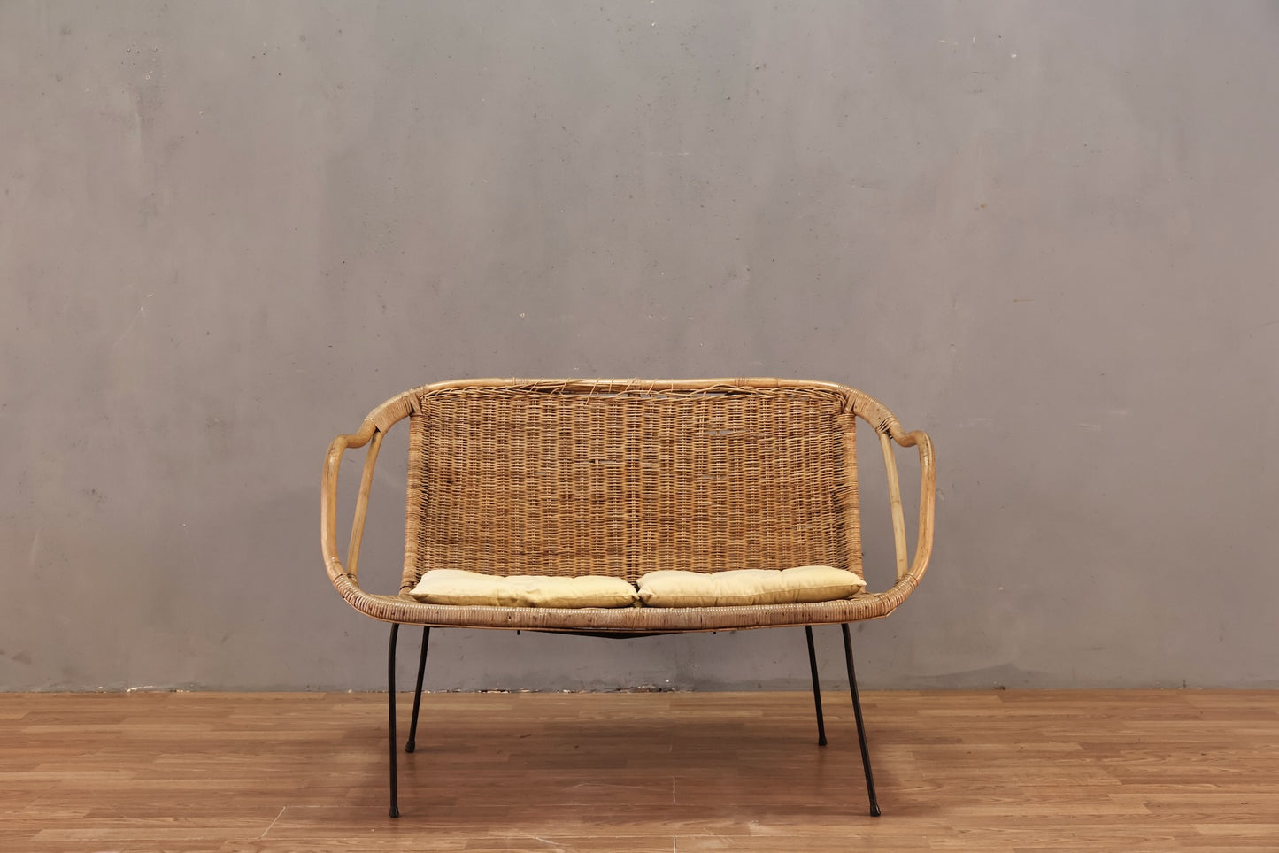 Mid Century Wicker & Iron Settee