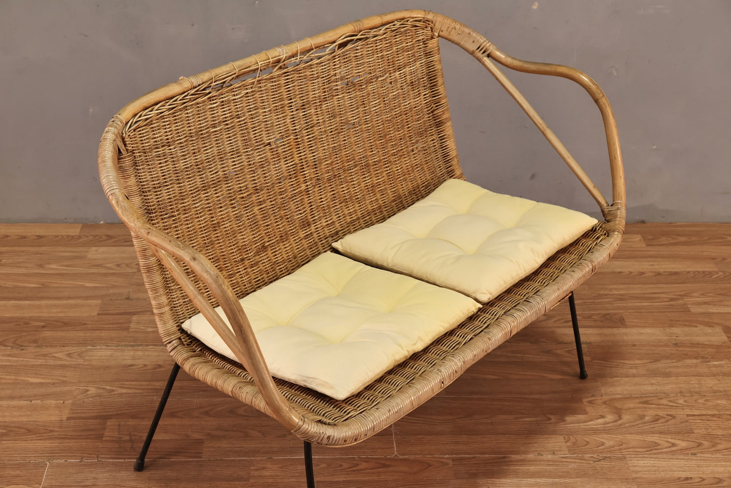 Mid Century Wicker & Iron Settee