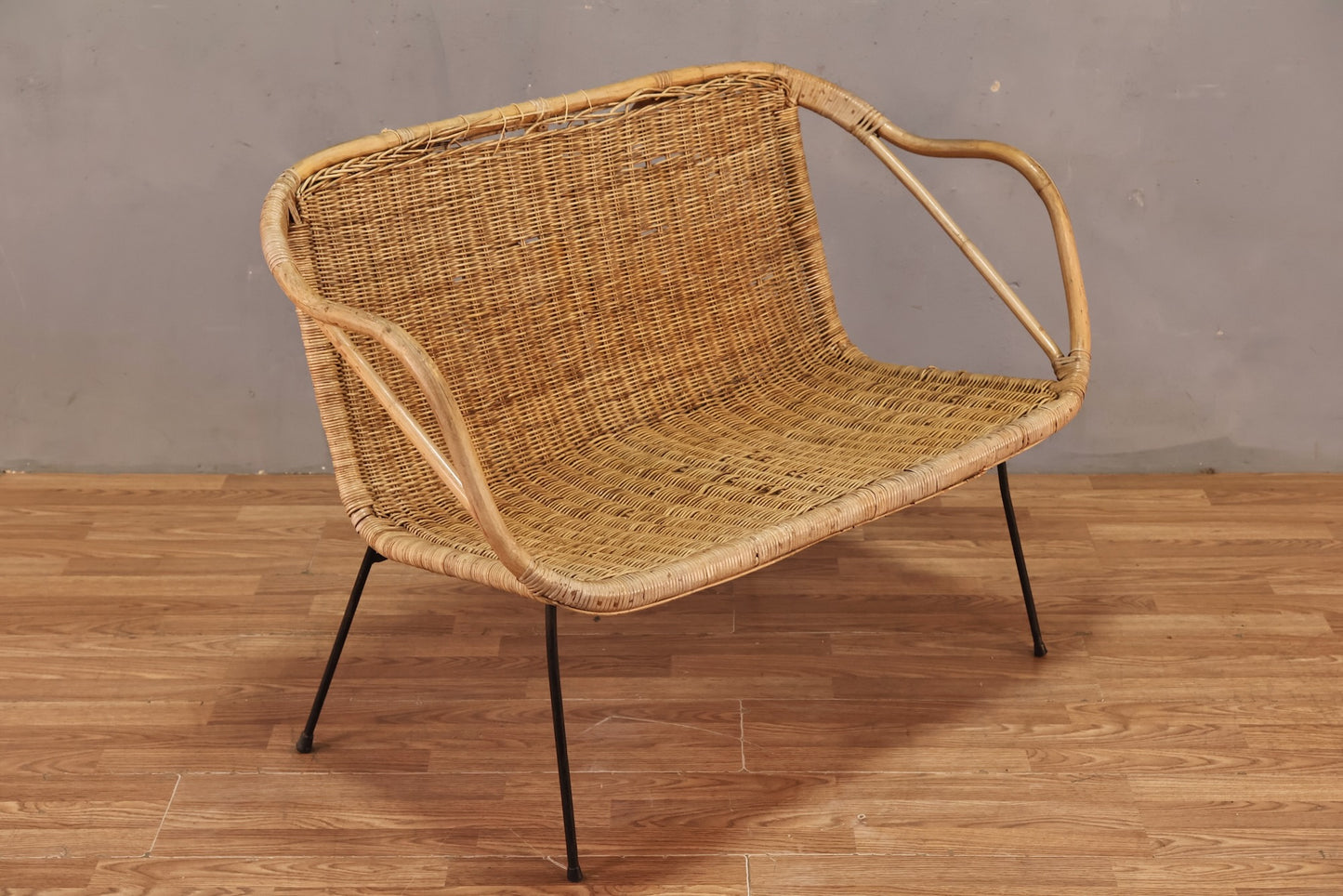 Mid Century Wicker & Iron Settee