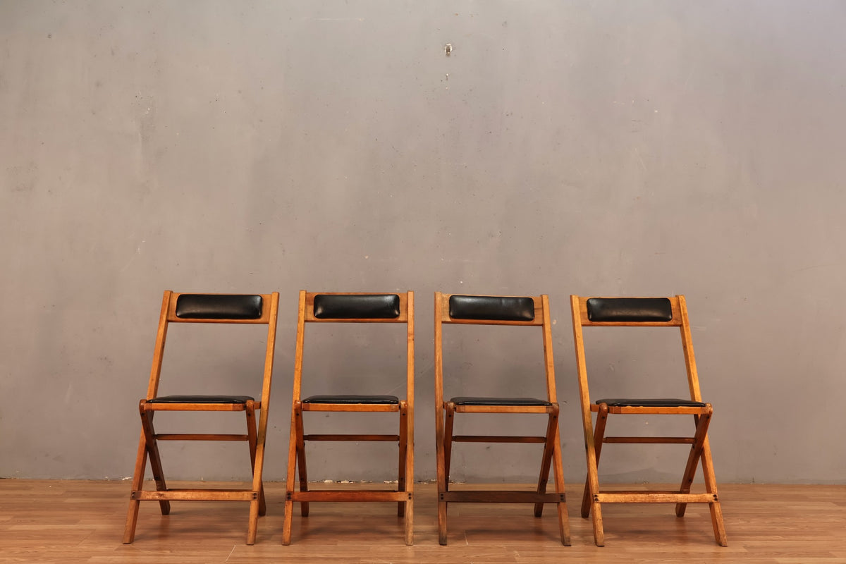 Mid Century Wood & Black Vinyl Folding Chair