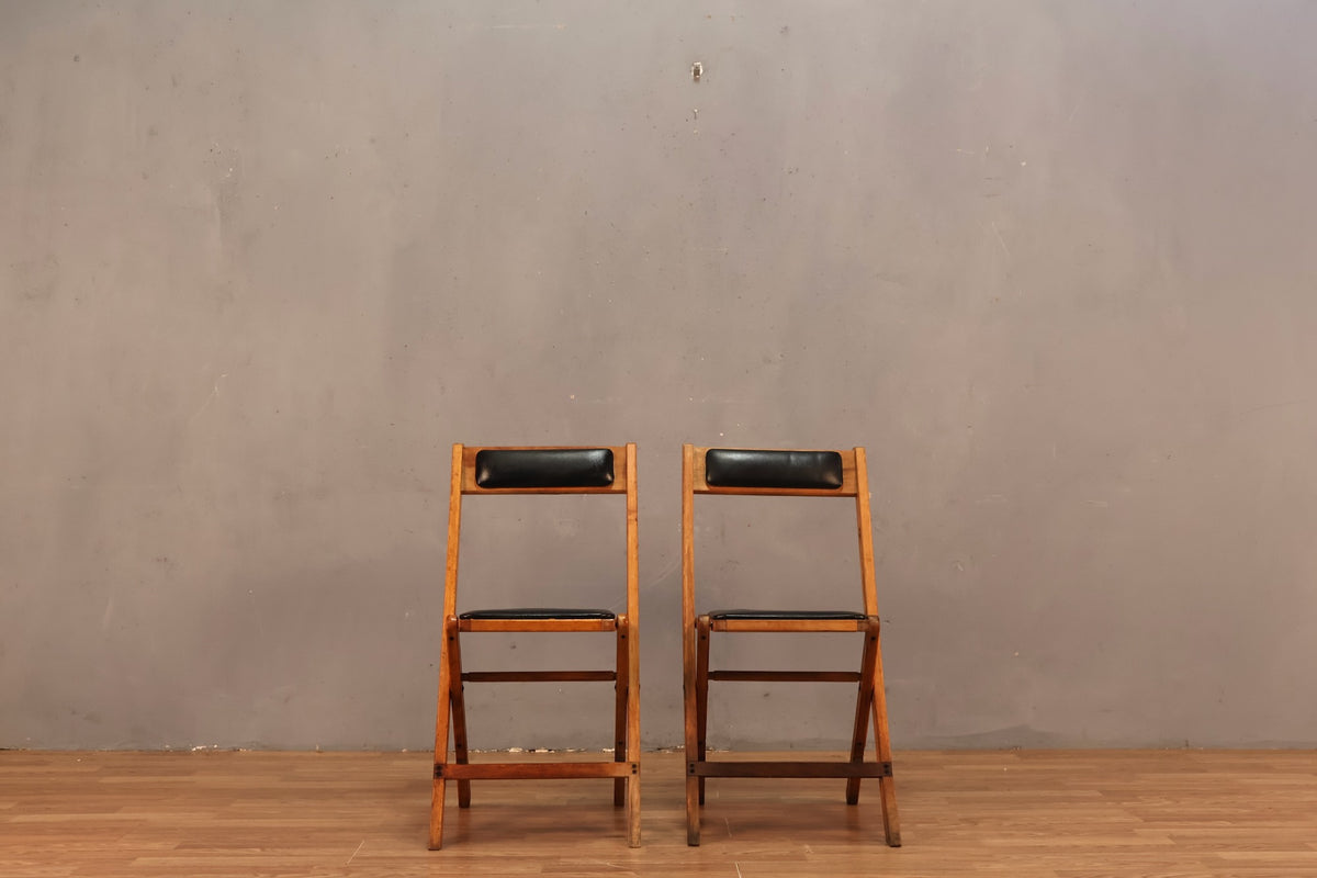 Mid Century Wood & Black Vinyl Folding Chair