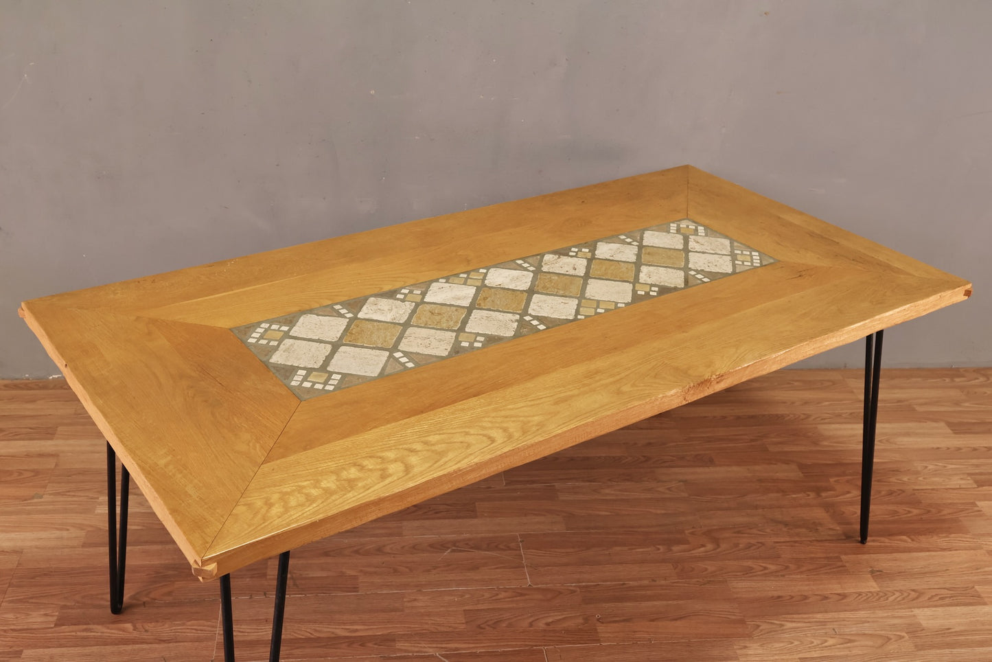 Large Oak & Tile Hairpin-Leg Dining Table - ONLINE ONLY