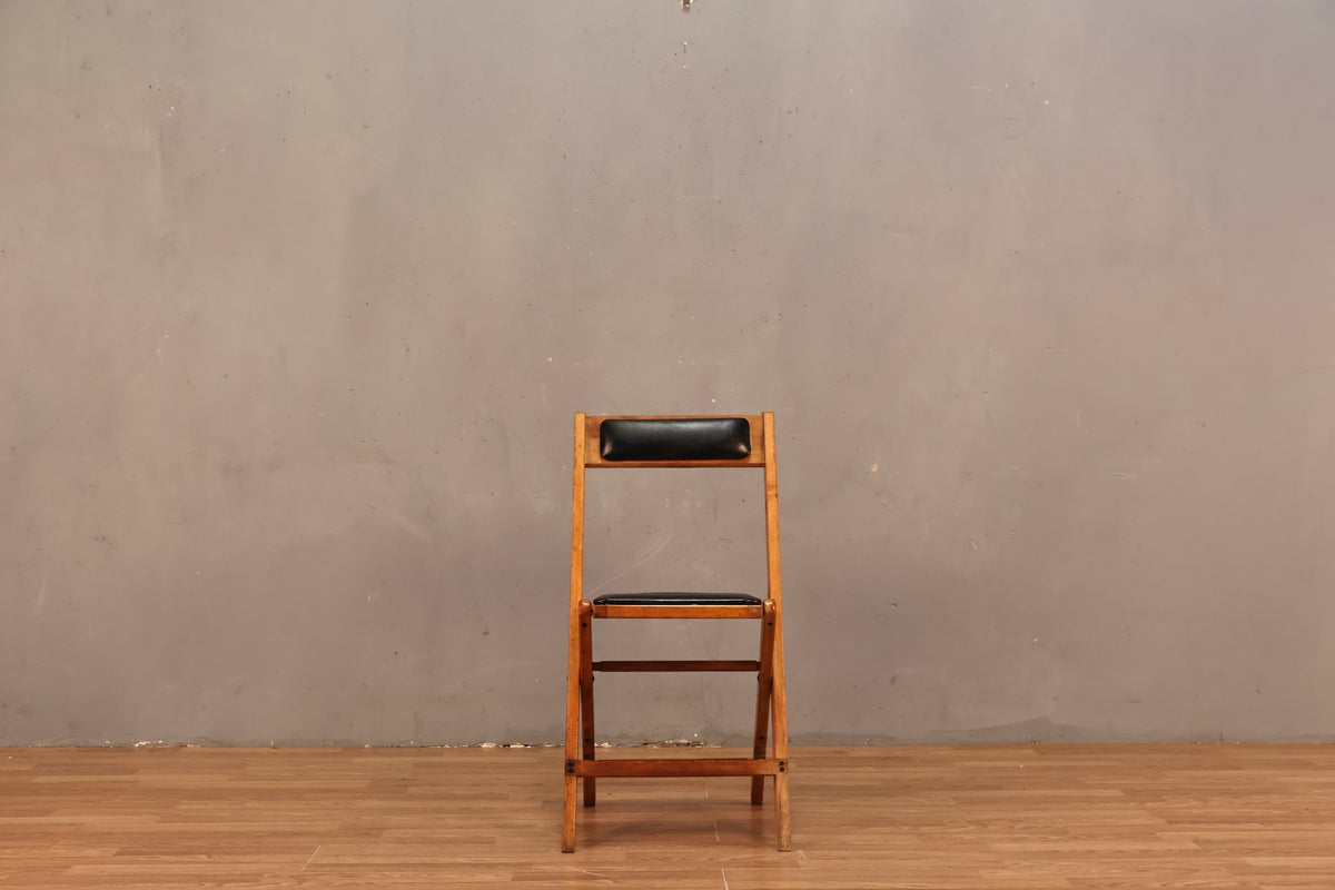 Mid Century Wood & Black Vinyl Folding Chair