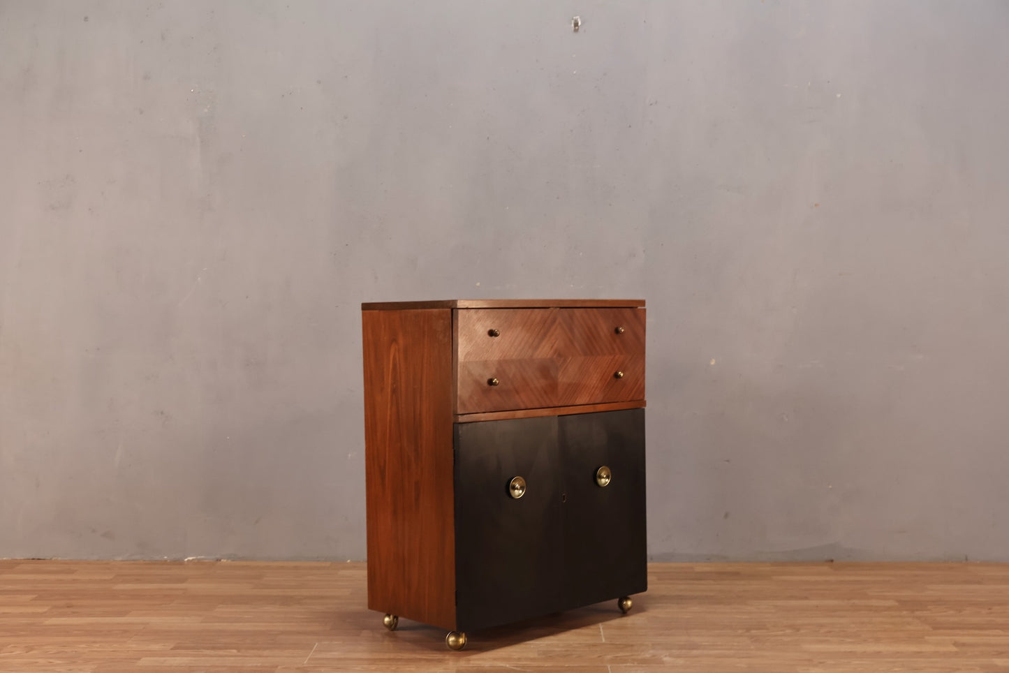 Compact Mid Century Drop-Front Bar Cabinet