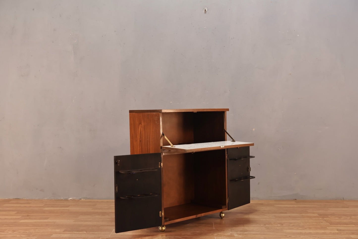 Compact Mid Century Drop-Front Bar Cabinet