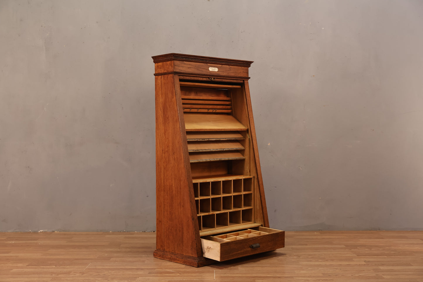 Antique Oak Roll-Top Railway Ticket Cabinet