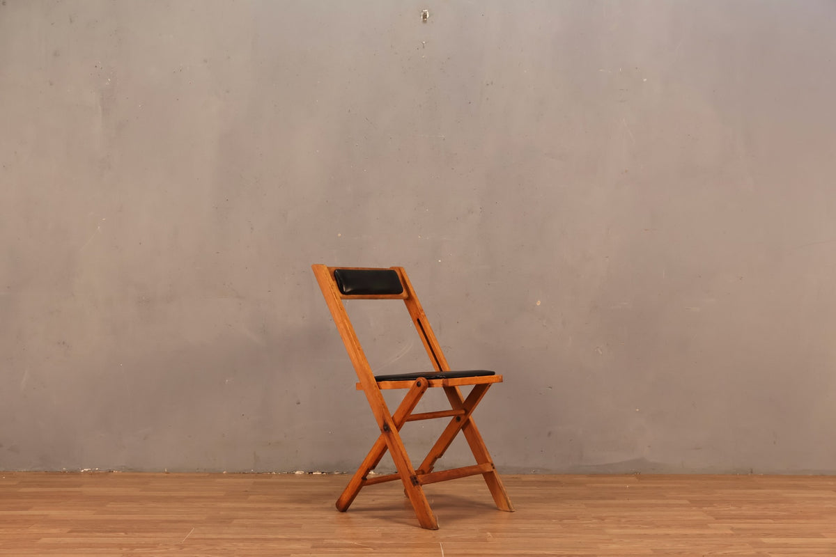 Mid Century Wood & Black Vinyl Folding Chair