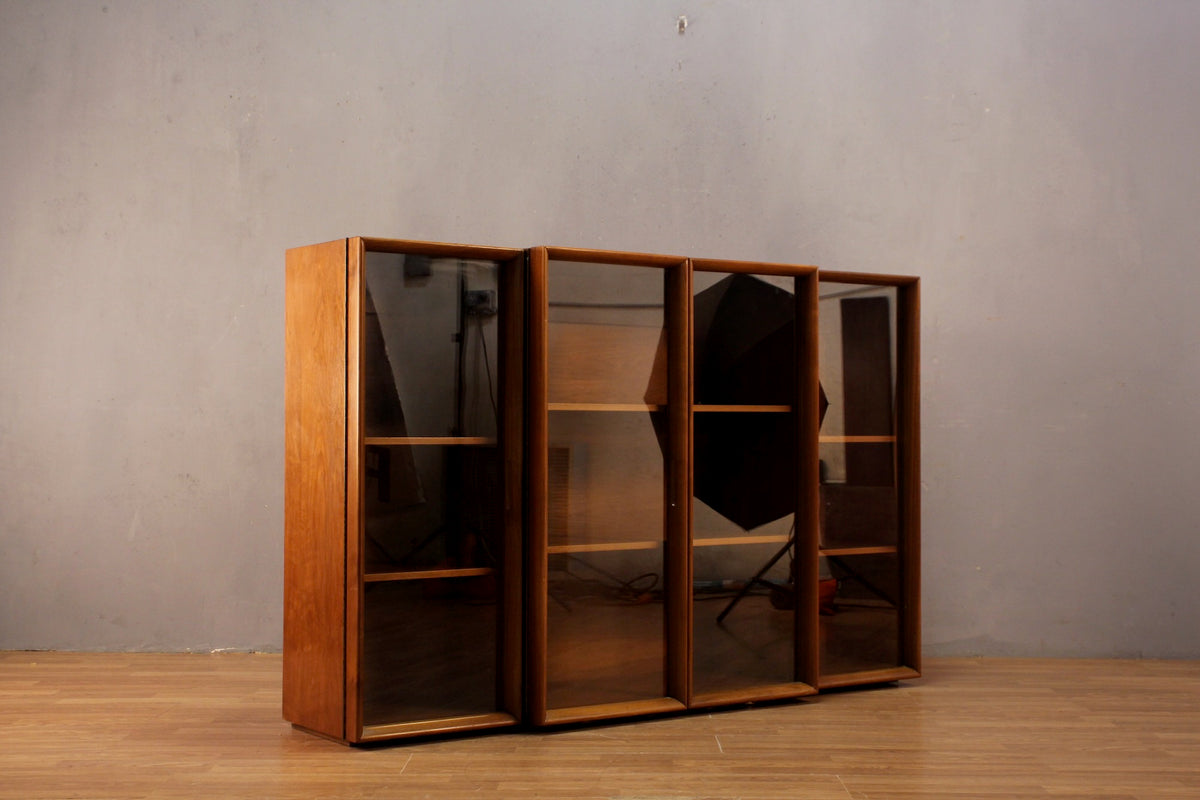 Mid Century Walnut & Glass 4-Door Bookcase - ONLINE ONLY