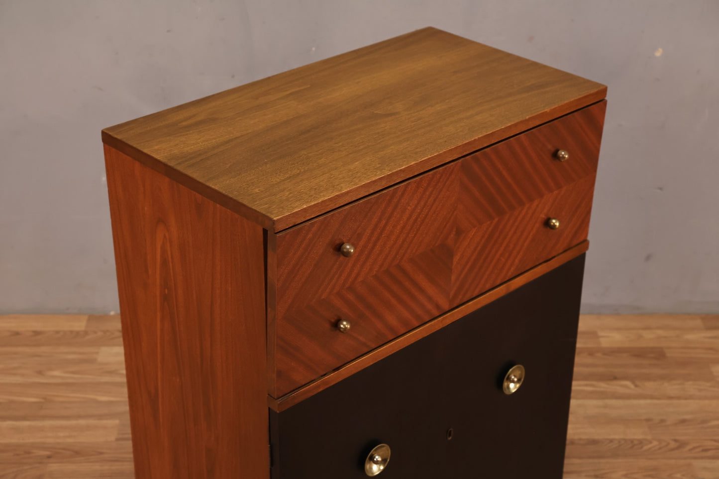 Compact Mid Century Drop-Front Bar Cabinet
