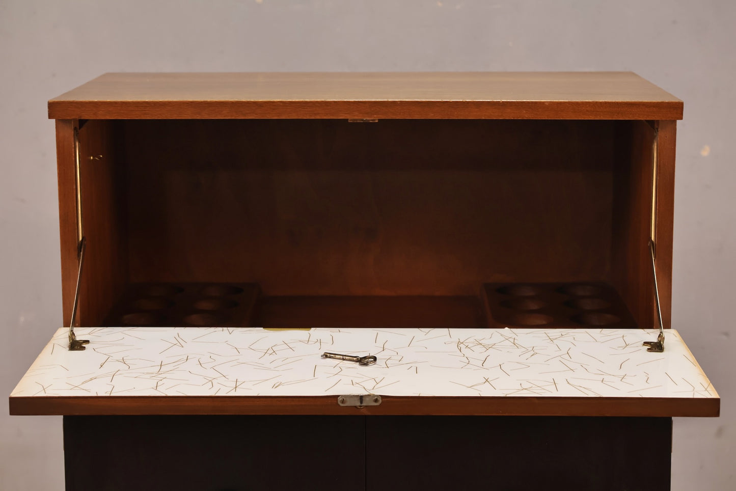 Compact Mid Century Drop-Front Bar Cabinet