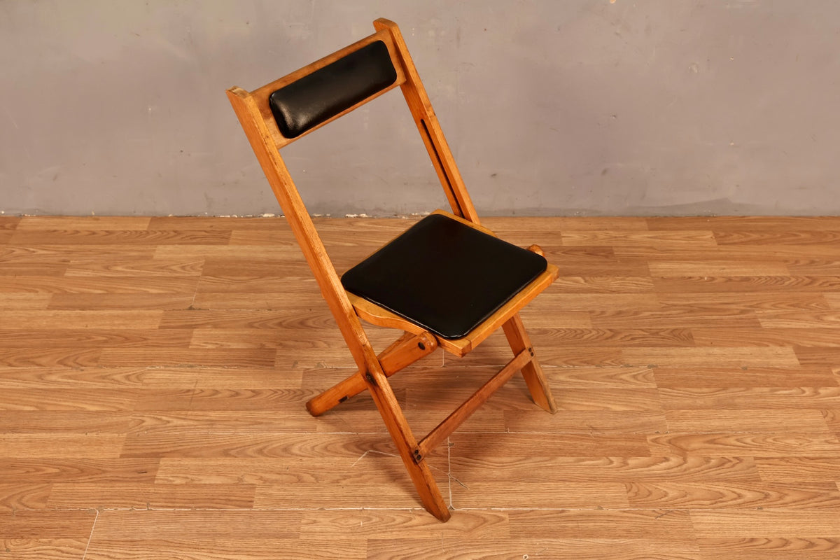 Mid Century Wood & Black Vinyl Folding Chair