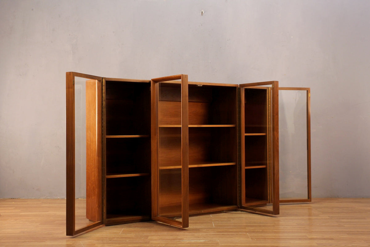 Mid Century Walnut & Glass 4-Door Bookcase - ONLINE ONLY