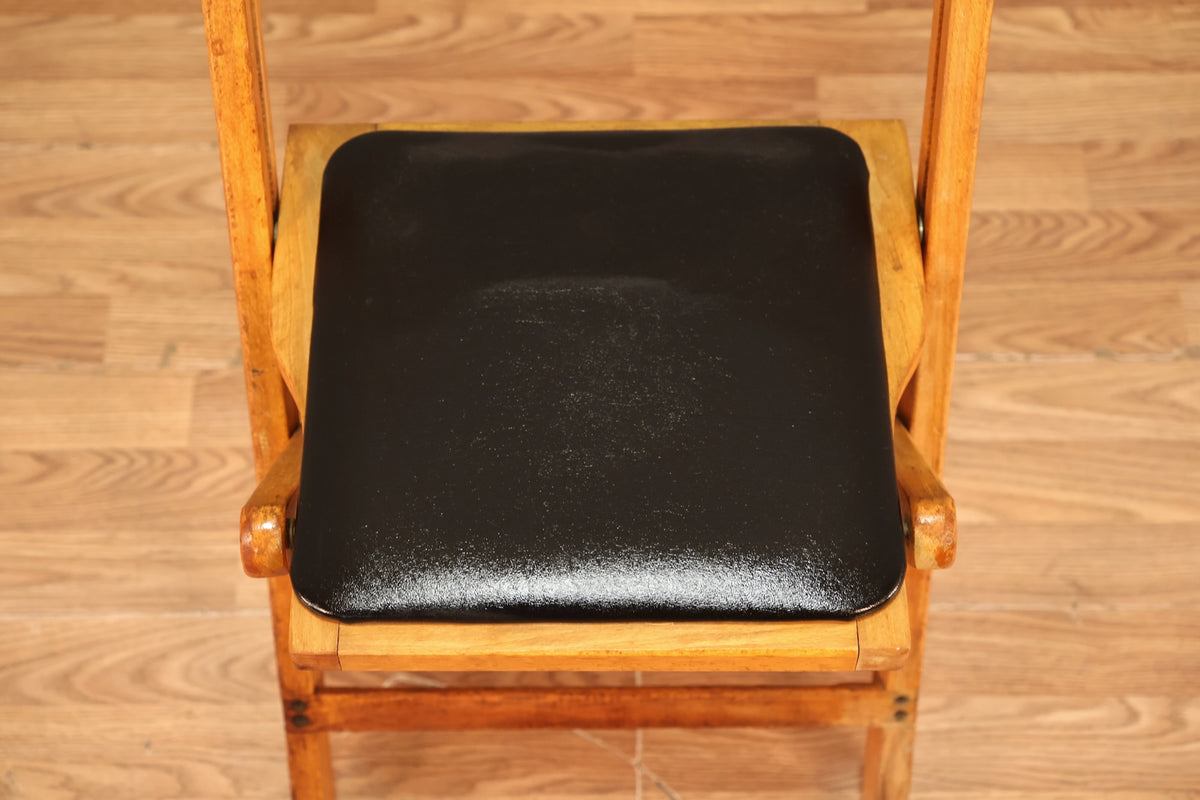 Mid Century Wood & Black Vinyl Folding Chair