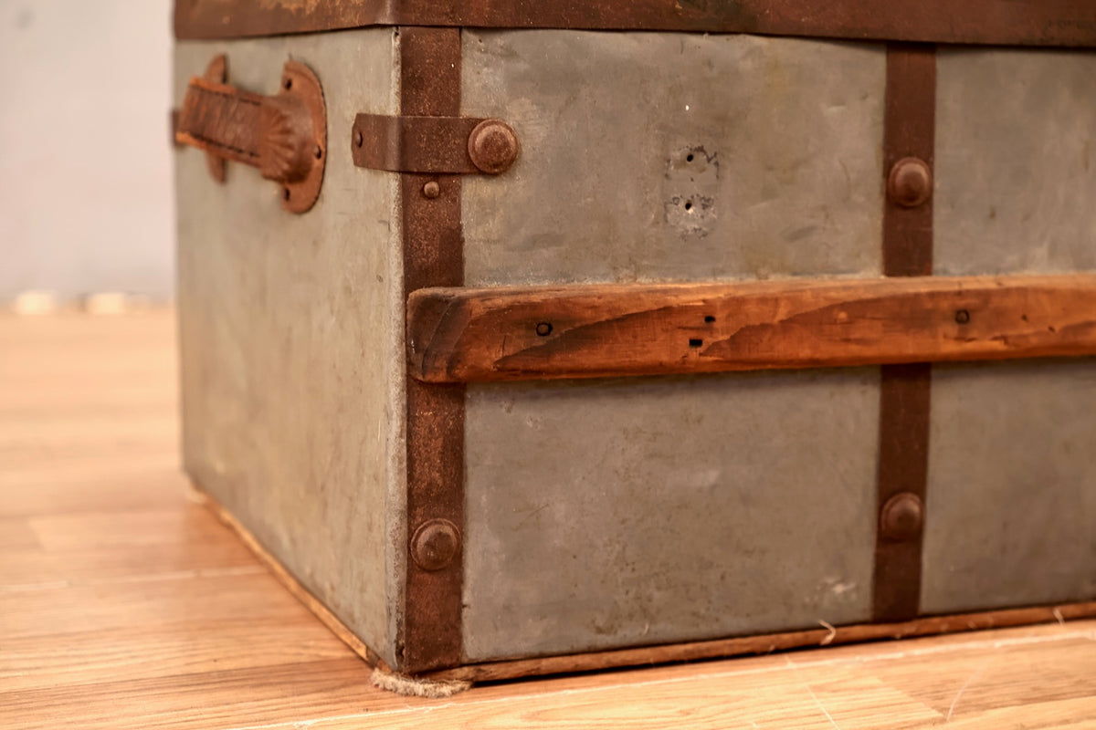 Antique Tin & Pine Trunk