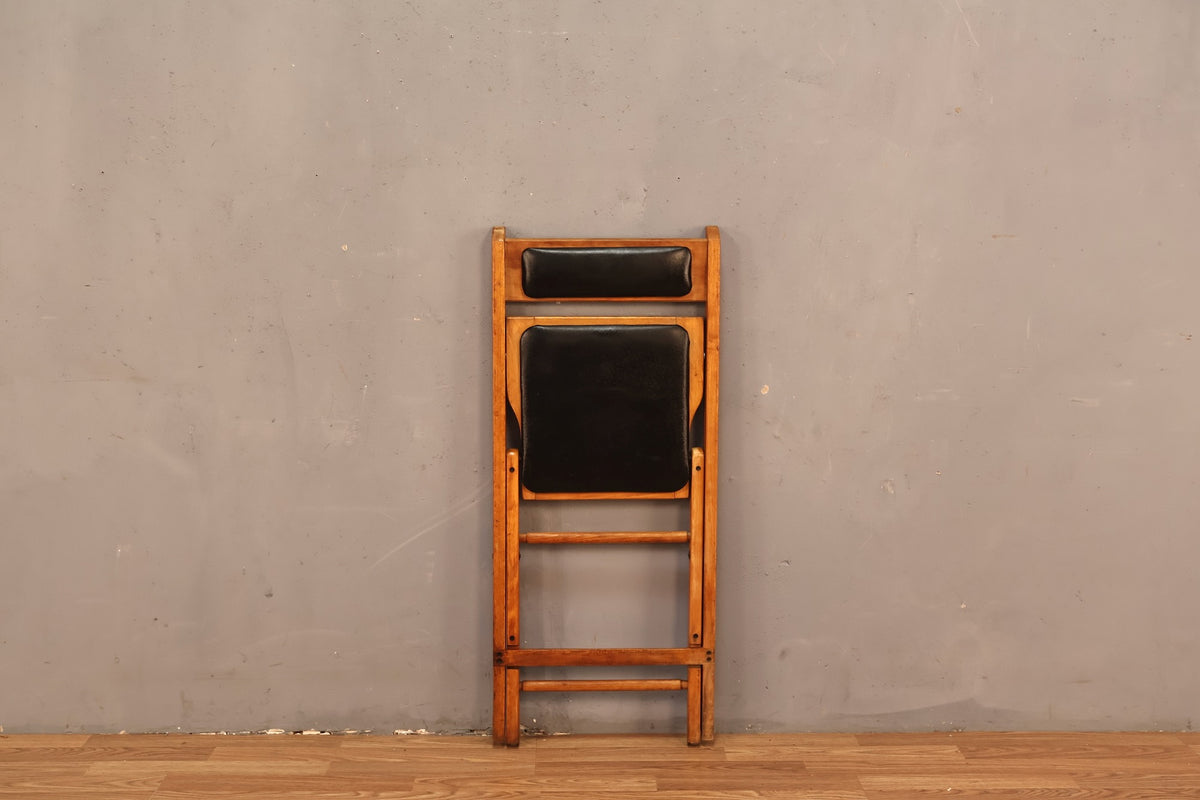 Mid Century Wood & Black Vinyl Folding Chair