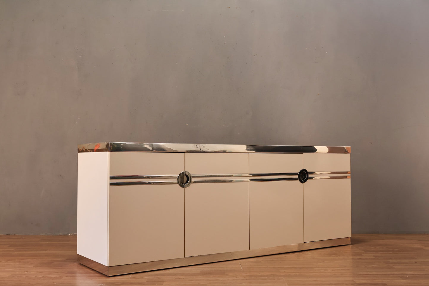 Pierre Cardin White & Chrome 4-Door Credenza - ONLINE ONLY