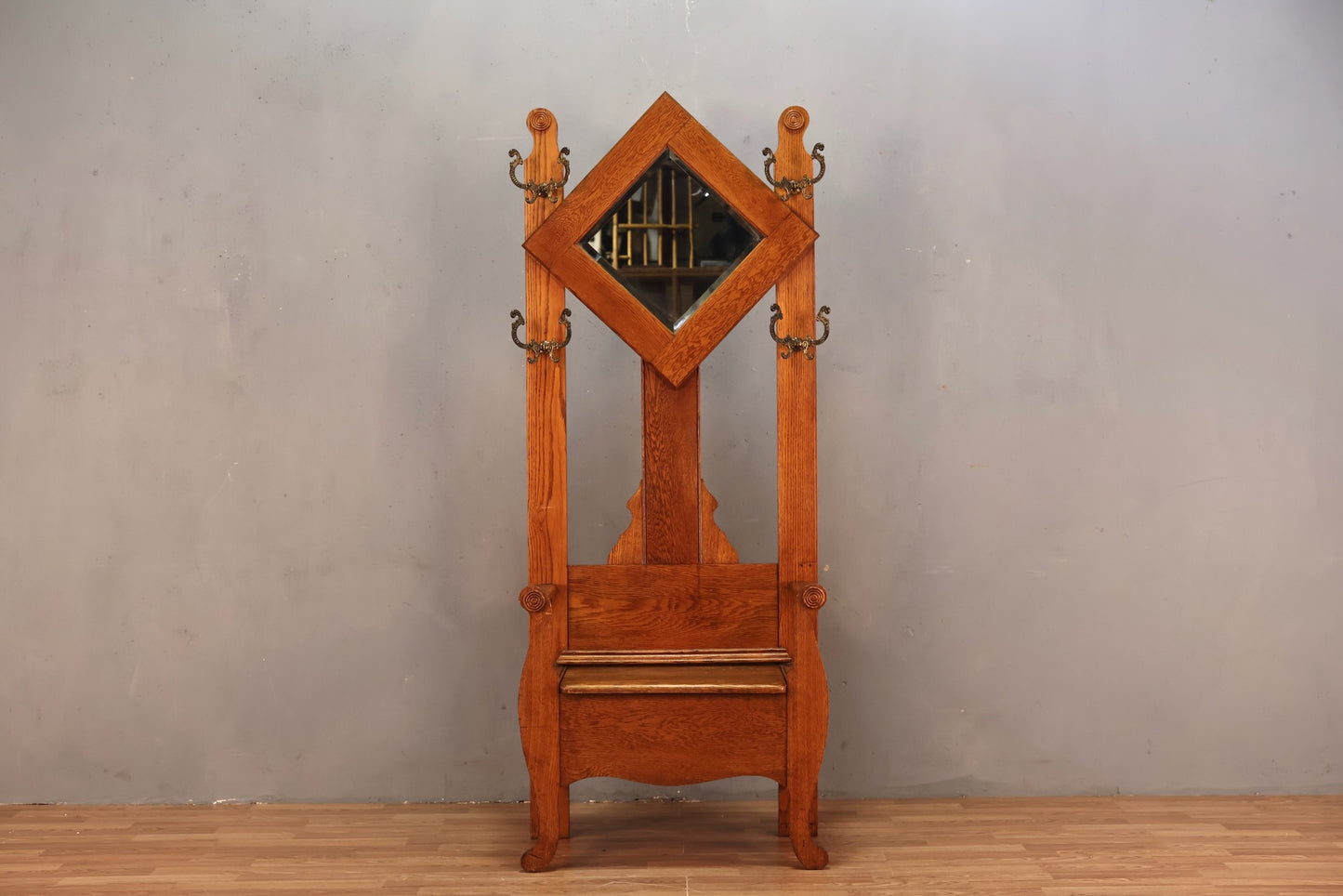 Antique Oak Mirrored Hall Tree