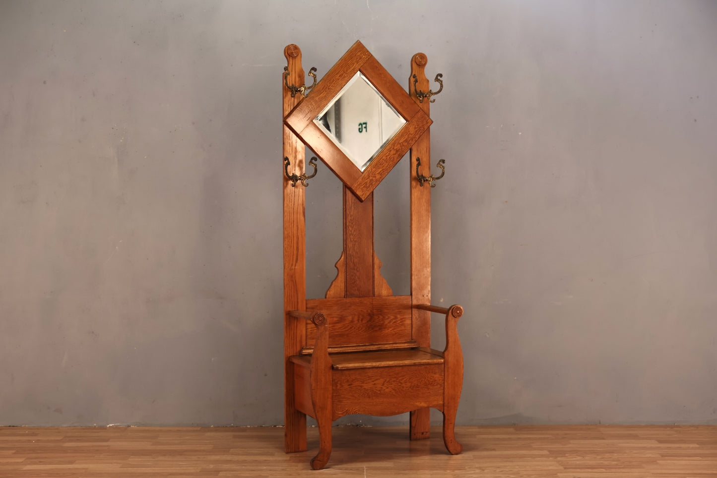 Antique Oak Mirrored Hall Tree