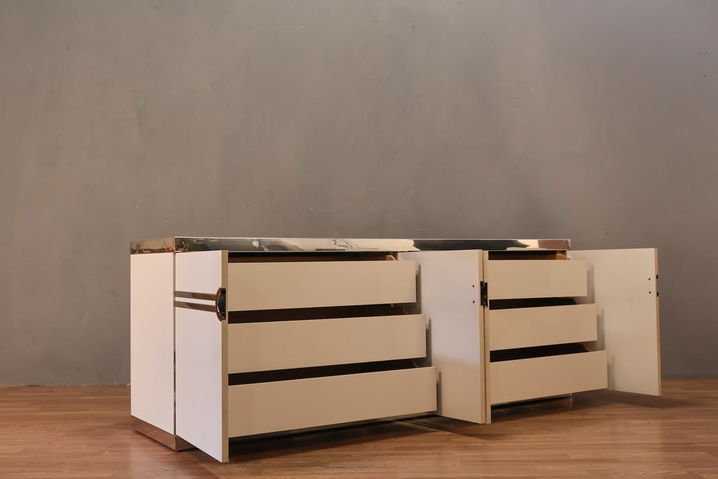 Pierre Cardin White & Chrome 4-Door Credenza - ONLINE ONLY