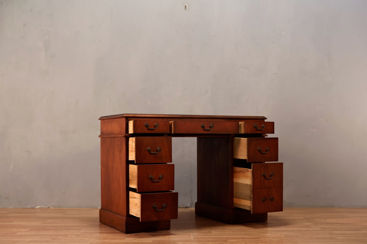 Mahogany Leather-Top 9-Drawer Desk - ONLINE ONLY