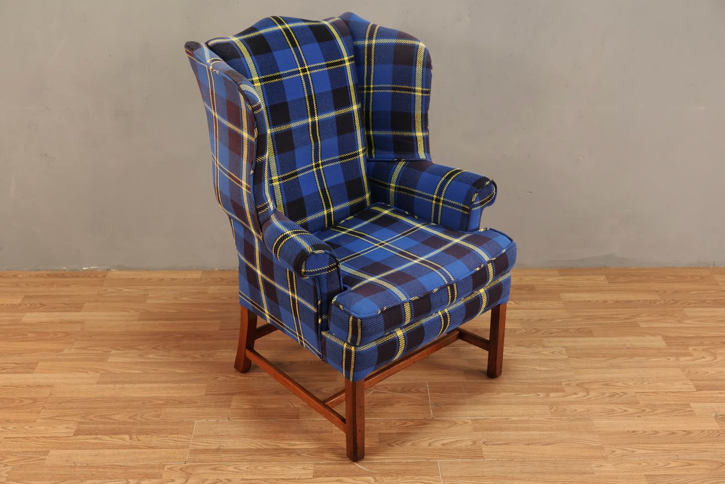 Blue & Yellow Plaid Wingback Armchair