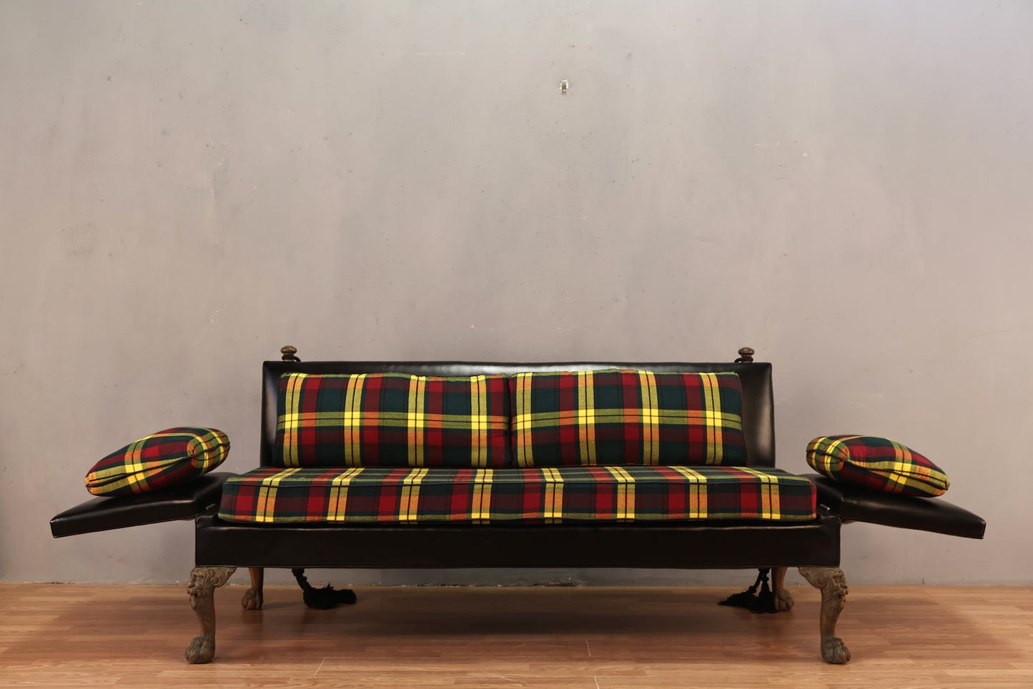 Yellow Plaid & Black Vinyl Sofa