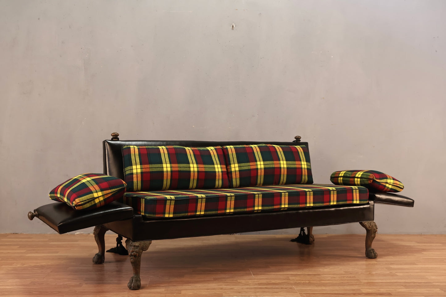 Yellow Plaid & Black Vinyl Sofa