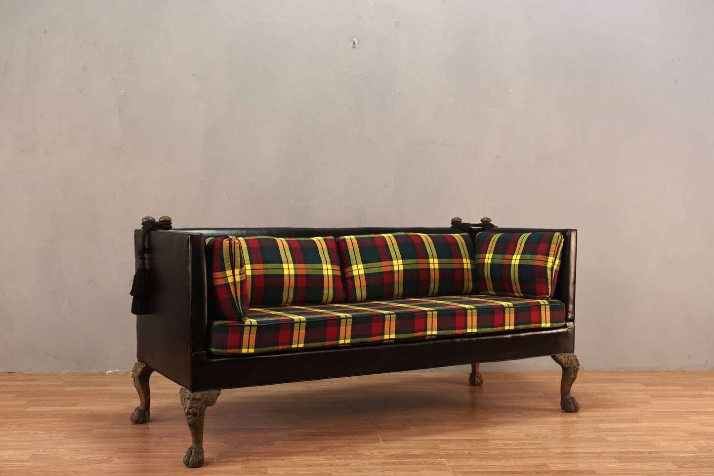 Yellow Plaid & Black Vinyl Sofa