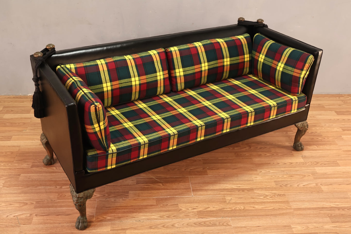 Yellow Plaid & Black Vinyl Sofa