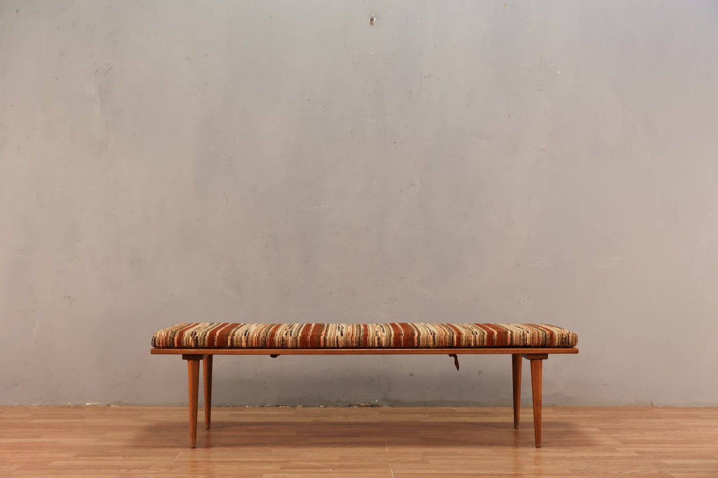 Mid Century Slatted Walnut & Woven Bench